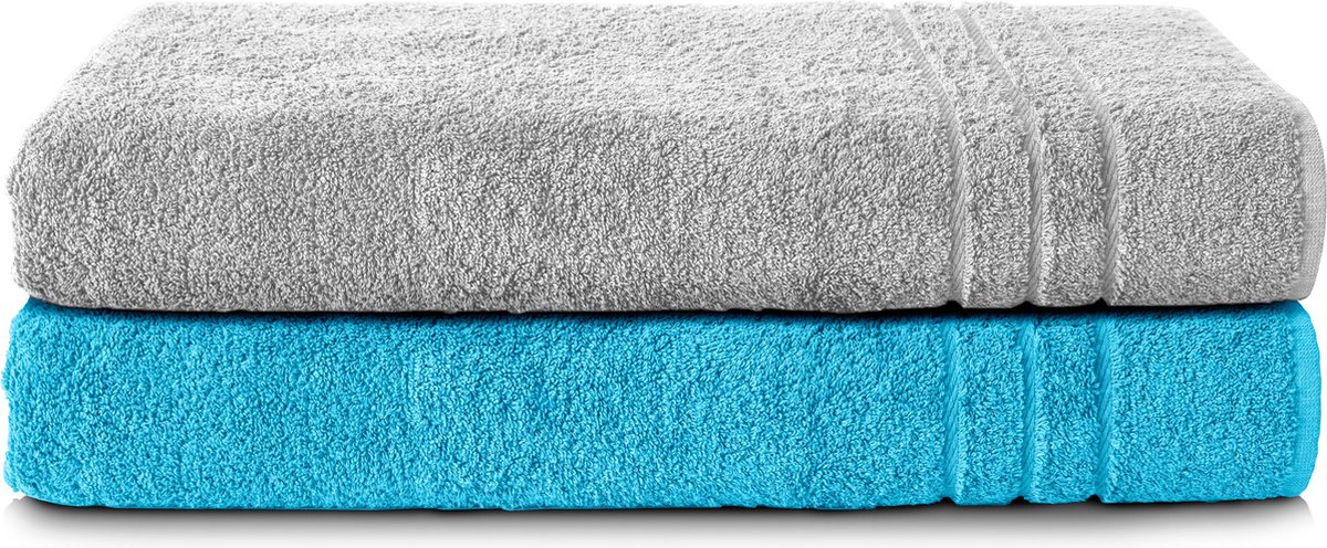 Komfortec Set van 2 Handdoeken 70x200 cm - 100% Katoen - XXL Saunahanddoeken - Badlaken - Strandlaken - Badhanddoek- Douchelaken - Zacht - Hoge Absorptie - Sneldrogend - Zilvergrijs&Turquoise.