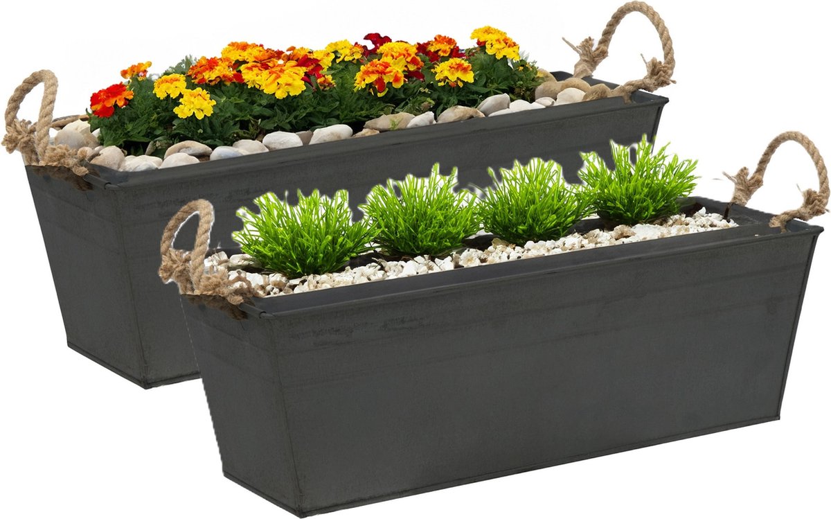 Goedkoopste Mega Collections plantenbak/bloembak Recta - 2x - balkon/terras - zink - zwart - L37 x D13 X H10 cm