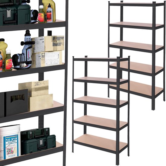 Twee zwarte metalen stellingkasten met houten planken, op een witte achtergrond.