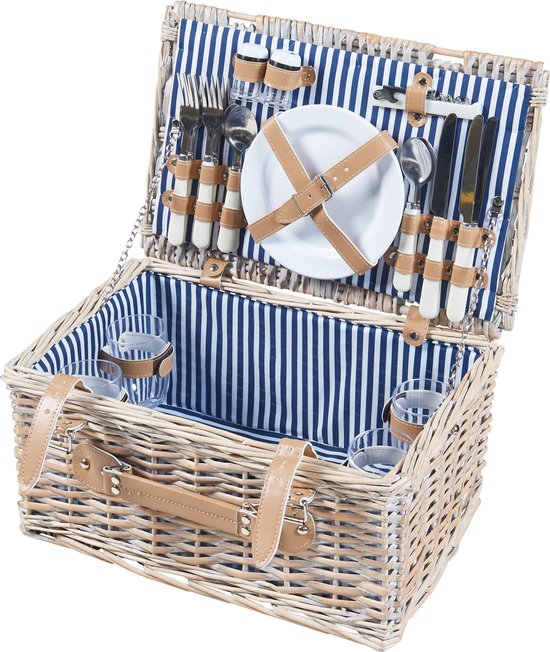 Panier pique-nique Lumparland avec contenu pour 4 personnes 42x28x20 cm blanc naturel et bleu casa.pro