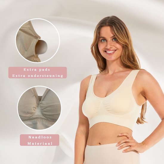 Model met comfortabele beige beha. Extra pads en extra ondersteuning. Naadloos materiaal.