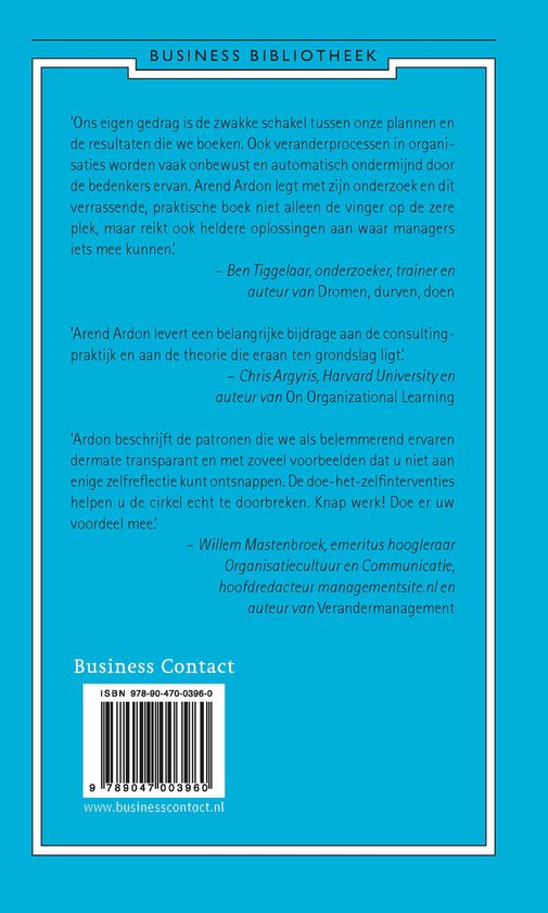 Achterkant boek met teksten over 'DOORBREEK DE CIRKEL', ISBN en website.