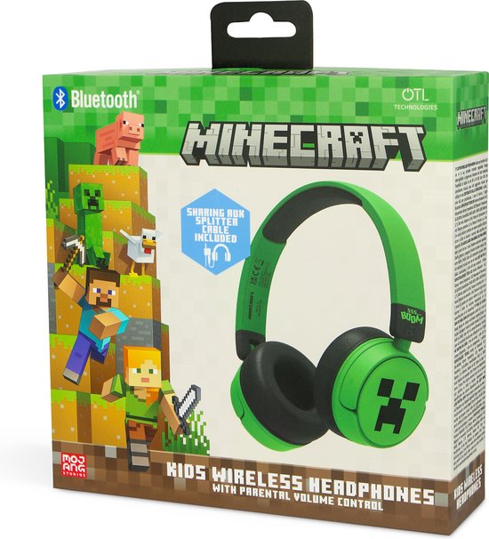 Groene en zwarte Minecraft draadloze koptelefoon met Creeper-print, in de verpakking met productinformatie.