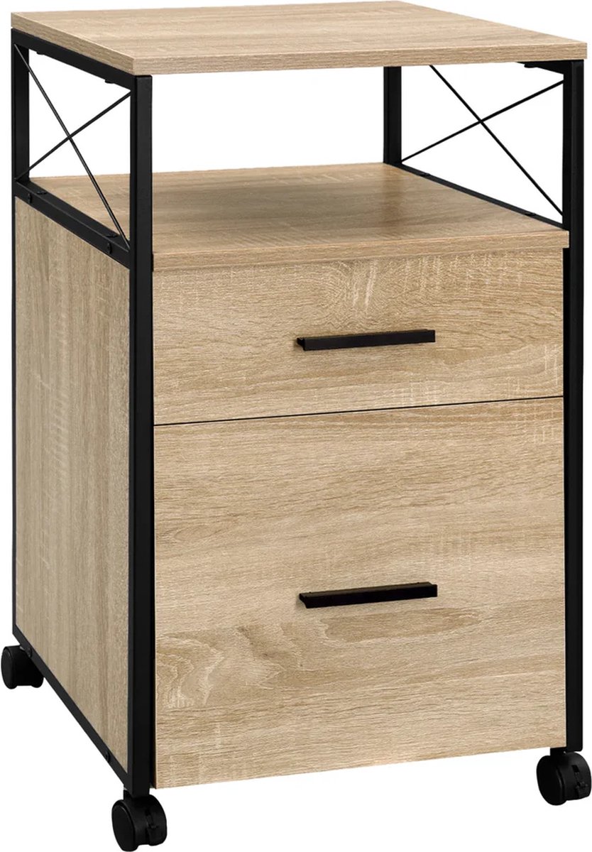 BukkitBow - Archiefkast / Rolcontainer - 2 Lades - Open Vak - met Wielen - Voor A4/Letter Mappen - Licht Hout
