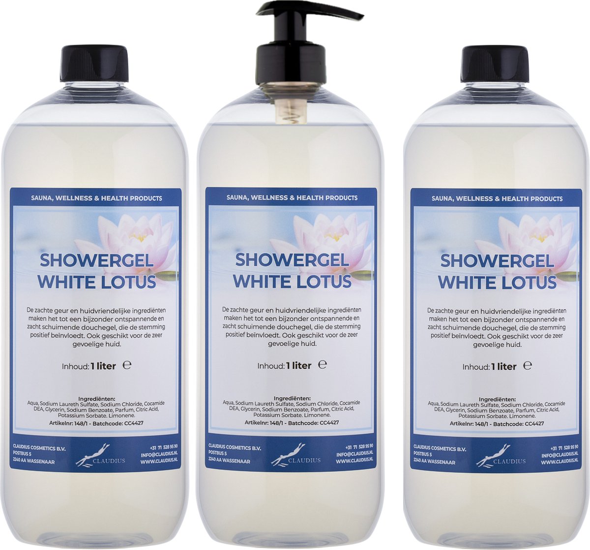 Goedkoopste Douchegel White Lotus 1 liter - set van 3 stuks - met gratis pomp - Showergel