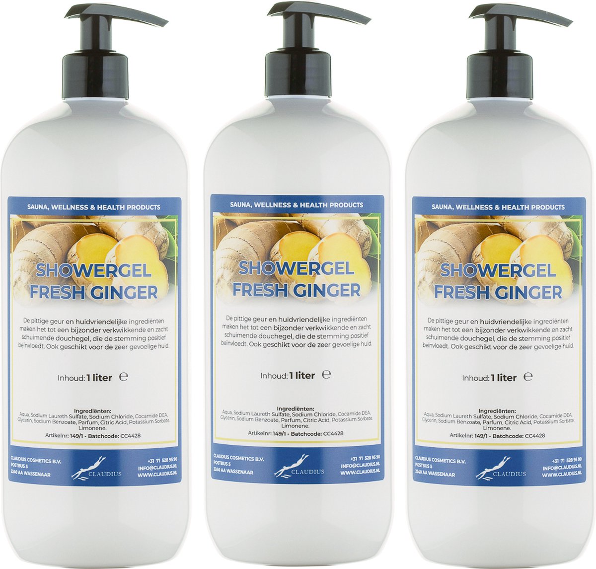 Goedkoopste Douchegel Fresh Ginger 1 liter - set van 3 stuks - met gratis pomp - showergel