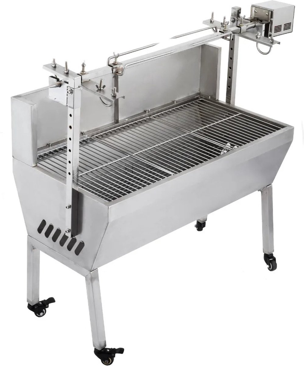 Wildor® Spit BBQ - Elektrische Grill - Houtskool Grill Apparaat - Spit Roaster Rotisserie Lamsrotsserie 25W RVS 60kg voor BBQ Grill - Bakplaat 98.5x40cm - Windscherm - Verrijdbaar