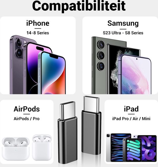 Compatibiliteit met iPhone, Samsung, AirPods en iPad. Twee adapters getoond.