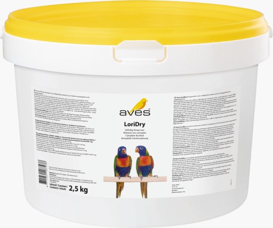 Een witte emmer met een gele deksel, met daarop de tekst 'aves LoriDry' en twee lori's.