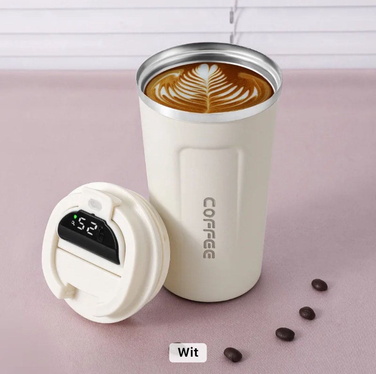 KOBES Premium RVS Koffiebeker To Go Temperatuur LED Display Thermosbeker 380 ml Wit Creme