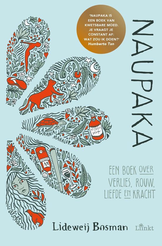 Boekomslag 'Naupaka' met illustraties van planten, sterren, een vos, schildpad, fles en mensengezichten op lichtblauwe achtergrond.
