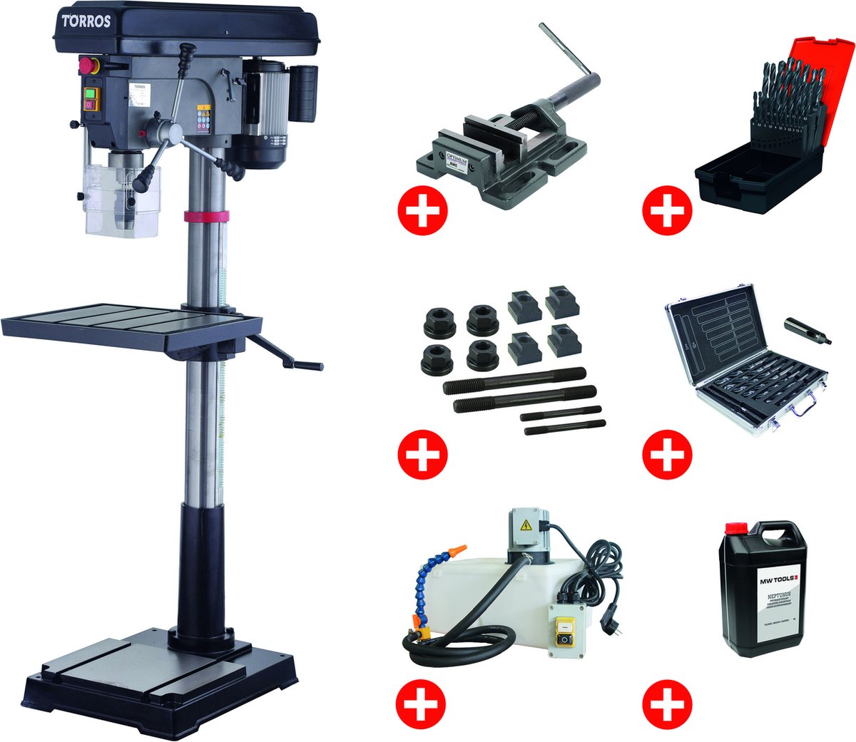 Professionele kolomboormachine boren tot ø 32 mm MK4 1,5 kW 230V met essentiiële toebehoren en koeleenheid Torros DF34M PACK PRO