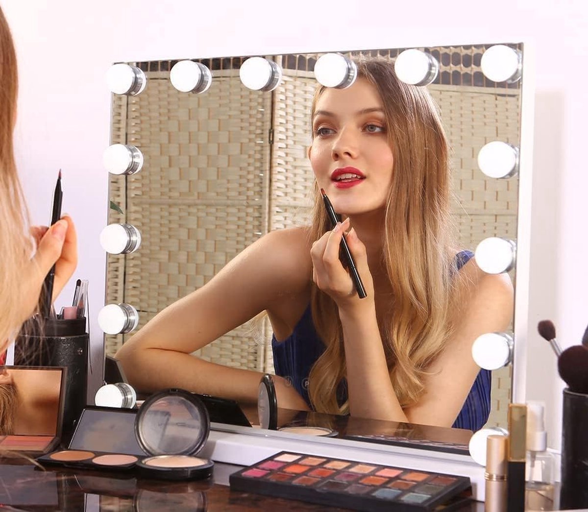 Goedkoopste Verlichte Make-upspiegel met 14 LED-lampen en USB Oplaadpoort - 3 Kleurtemperaturen - Grote Make-upspiegel voor Slaapkamer en Kleedkamer