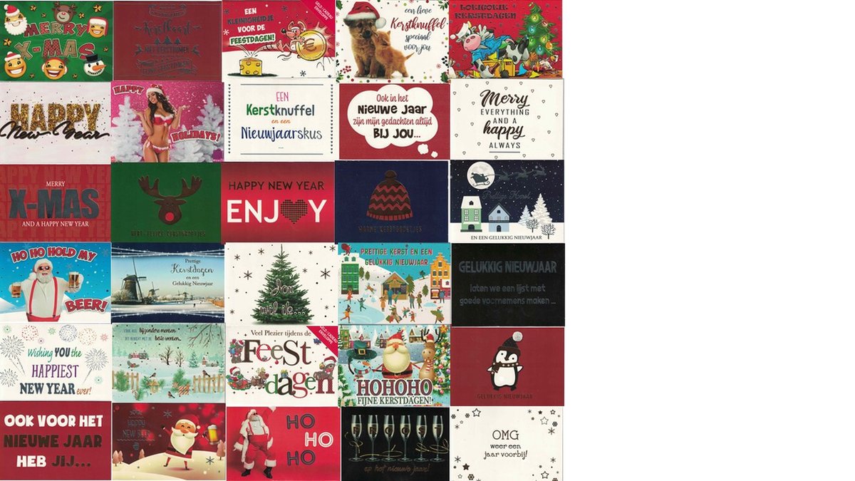 30 Losse Kerstkaarten - Foto fun mail - 10x14 - Super sortering - Funny mail kerstkaarten - Inclusief Enveloppen - 30 Verschillende Dessins - Pakket A - X-mas - Fijne feestdagen -Happy New Year - Blanco -cadeau cards - geldkaart