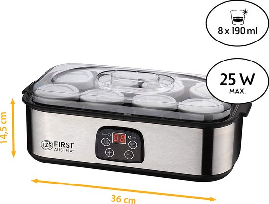 TZS First Austria Yoghurtmaker - 25W - Timer - Inclusief 8x180ml glazen potjes - Zilver van Tzs First Austria — afbeelding 4