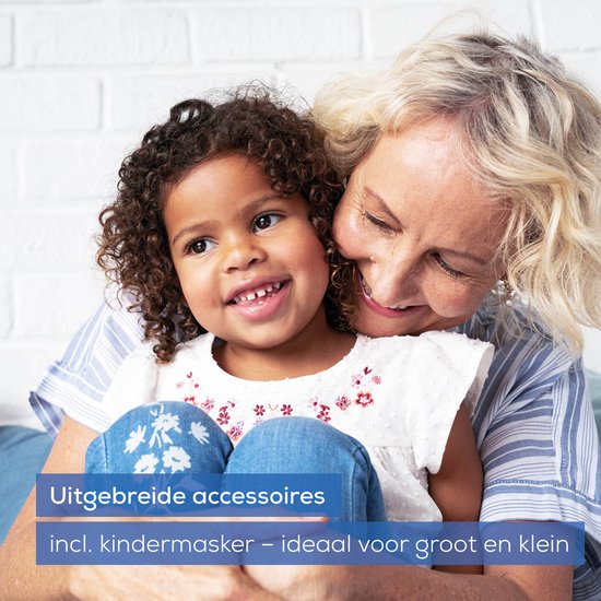 Vrolijke oma met donkerharig meisje, beide met jeans. Tekst: 'Uitgebreide accessoires, incl. kindermasker - ideaal voor groot en klein'.