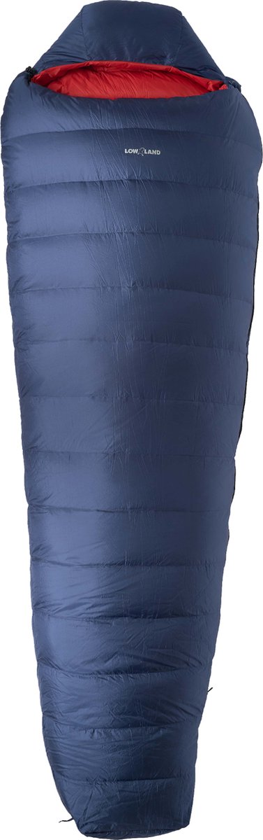 LOWLAND OUTDOOR - KIBO ZERO - Donzen mummy slaapzak  0°C - 995 gr - 225x80 cm - Navy blauw / Rood