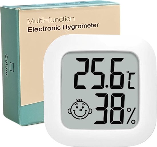 Witte digitale hygrometer met een smiley, naast een doos met 'Multi-function Electronic Hygrometer' erop.