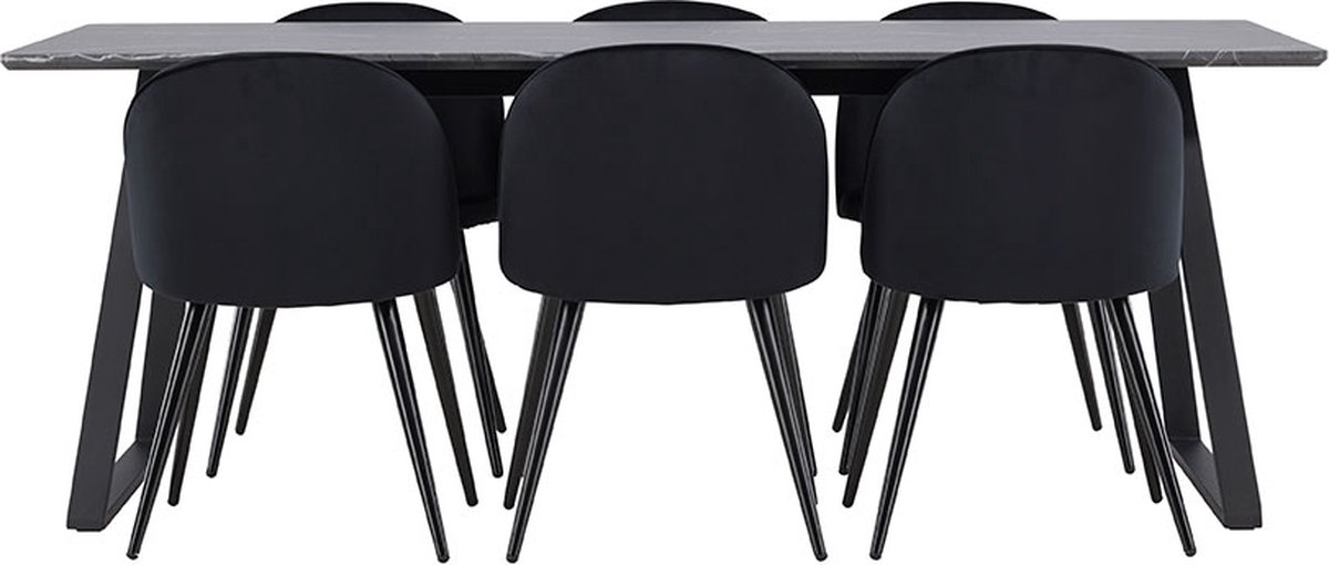 Malaga eethoek eetkamertafel 90x200cm donkergrijs en 6 Skagen stoel velours zwart.