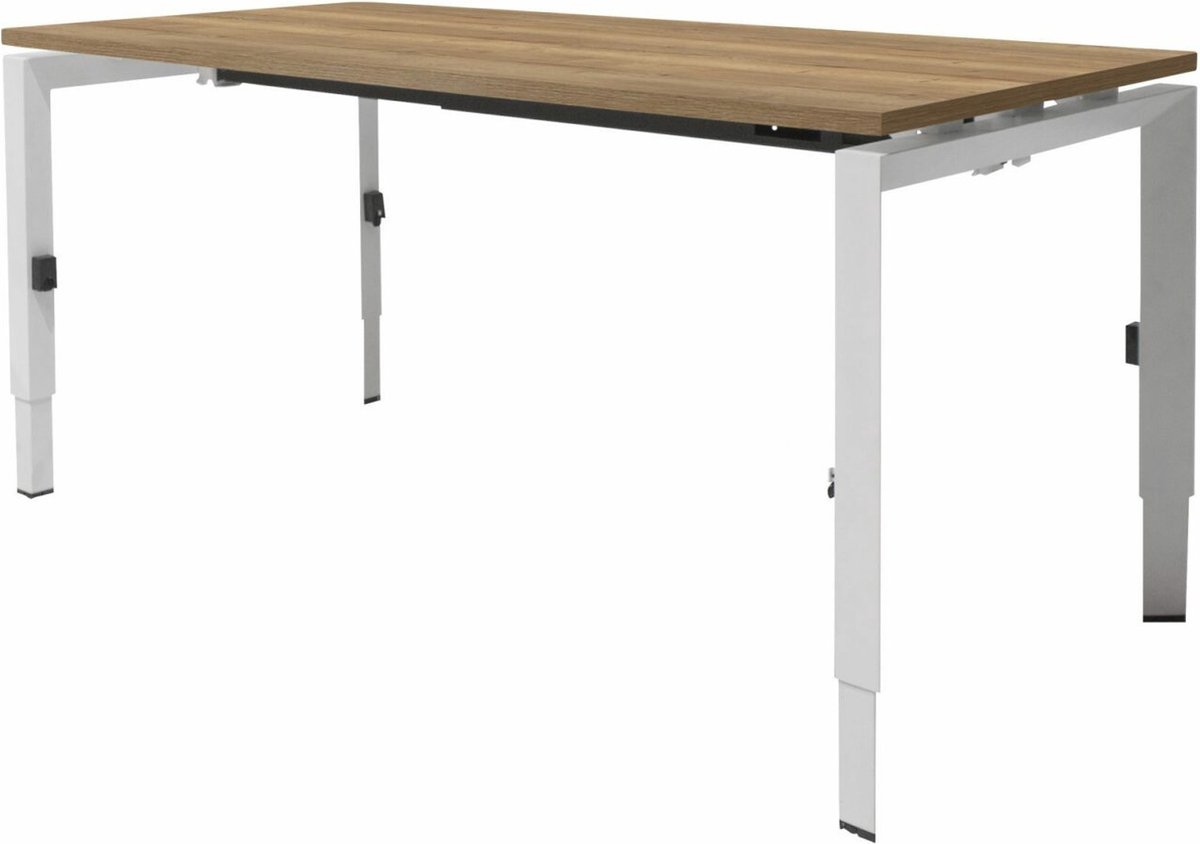 Linesto N3 bureau, hoogte instelbaar (65-85cm) met 160x80cm havana/ kersen licht zwevend 25mm blad en aluminium (RAL9006) vierpoot N-frame (poot driehoekig 50x50x75 mm.), (met geïntegreerde kabelgoot)
