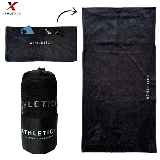 Foto: Athleticx sporthanddoek 90 x 50 cm zwart microvezel zweet absorberend incl opbergvak met ritssluiting fitness handdoek met omslag gym towel handdoek gym handdoek sporthanddoek fitness sporthanddoek micorvezel