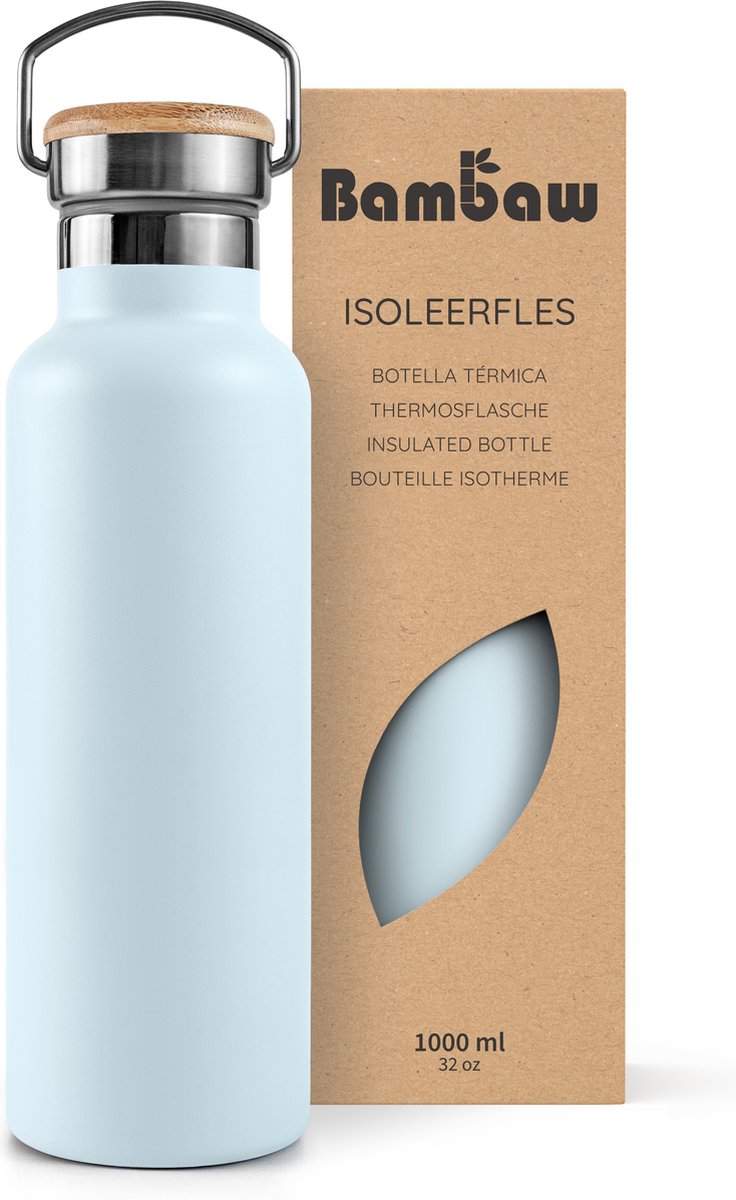 Bambaw® 1 Liter RVS Thermosfles - Isoleerfles, Dubbelwandig, Lekvrijen, loodvrij en Plasticvrij Geïsoleerde Fles met Bamboe Deksel voor Warme en Koude Dranken - Ideaal voor Reizen, Werk, Wandelen en Dagelijks Gebruik – lichtblauw