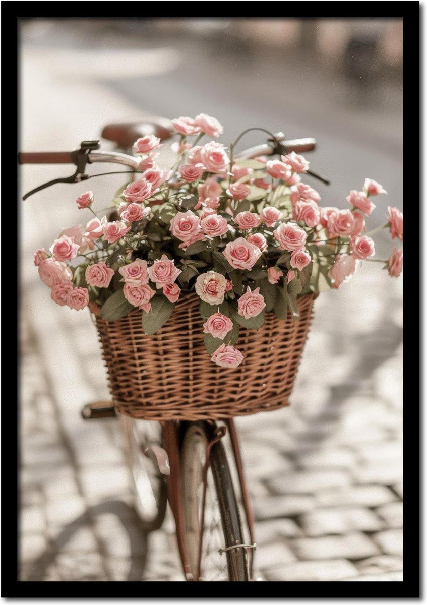 Plakkers Poster vintage fiets met bloemenmand Italië - 50cm x 70cm - vintage - woonkamer - slaapkamer - bloemen posters - goedkoop - muurposter - natuur - wanddecoratie Full-colour