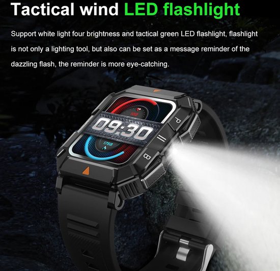 ESFOE Smartwatch Voor Heren – Met LED-zaklamp, 730 MAh, 1,85 Inch, 5 ATM Waterdicht, Bluetooth Bellen, Hartslag En SpO2