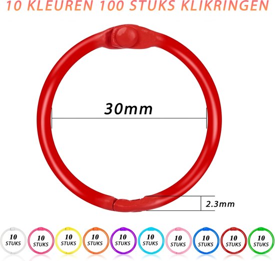 Een rode 30mm klikring. Toont de afmetingen 30mm en 2.3mm. Onderin staan 10 stuks in 10 kleuren: wit, roze, geel, oranje, paars, lichtblauw, roze, blauw, rood en groen.