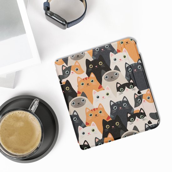 kwmobile e-reader hoesje geschikt voor Kobo Libra Colour hoes - E reader flip case met magnetische sluiting - Ereader cover - Katten design in oranje / zwart / wit van Merkloos — afbeelding 4