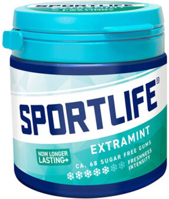 Pot Sportlife extramint suikervrije kauwgom met de tekst 'Now Longer Lasting'.