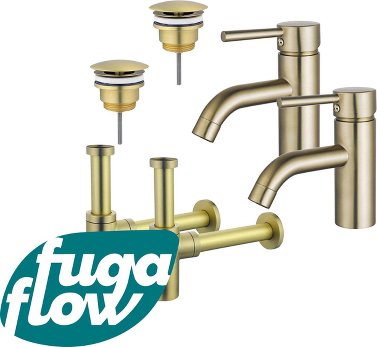 FugaFlow Eccelente Sobrado Badkamer Wastafelkraanset voor dubbele wastafel lage wastafelkraan always open plug design sifon PVD Geborsteld Messing