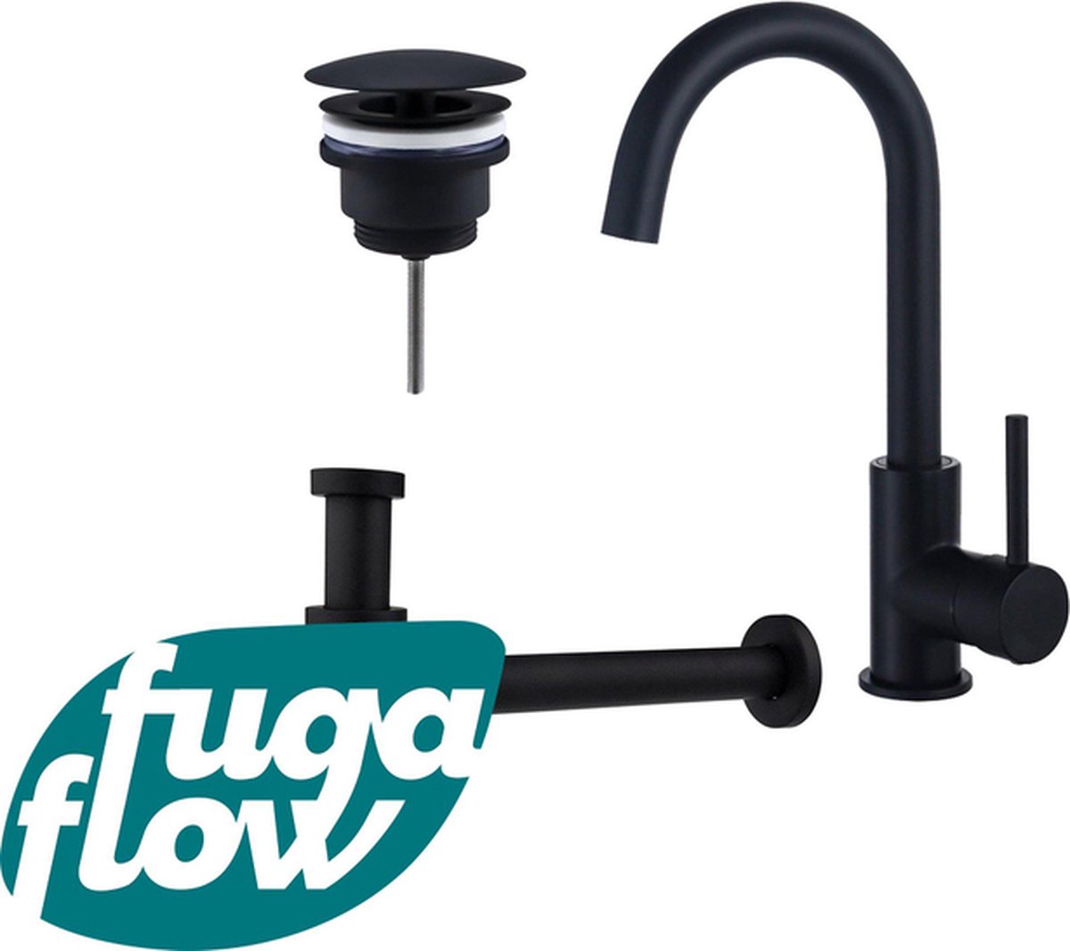 FugaFlow Eccelente Sobrado Badkamer Wastafelkraanset hoge wastafelkraan draaibare uitloop always open plug verlaagde design sifon Mat zwart