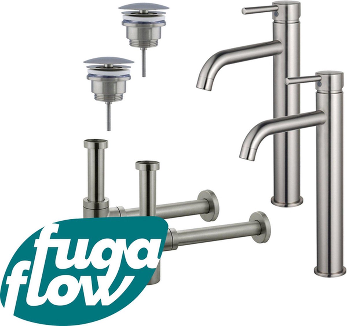 FugaFlow Eccelente Sobrado Badkamer Wastafelkraanset voor dubbele wastafel verhoogde wastafelkraan always open plug design sifon PVD Geborsteld RVS