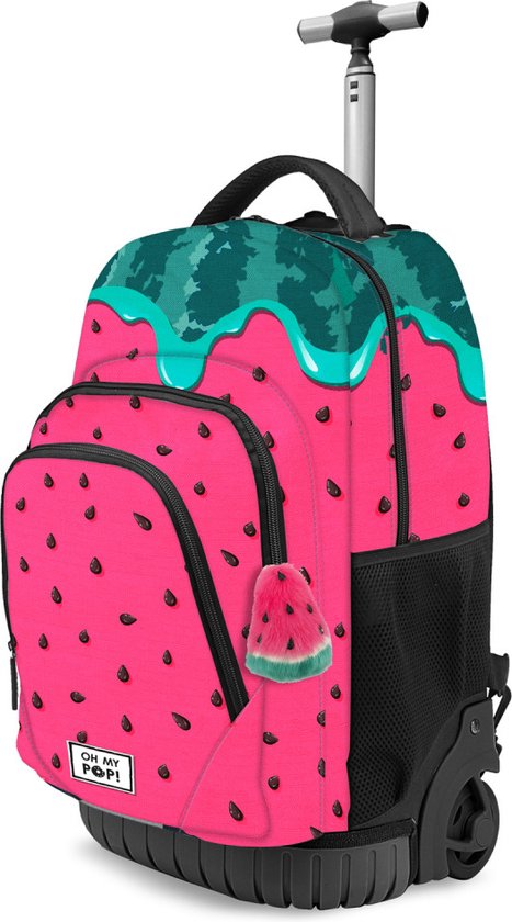 Sac à dos trolley rose avec imprimé pastèque, graines noires, garniture verte et porte-clés pastèque.