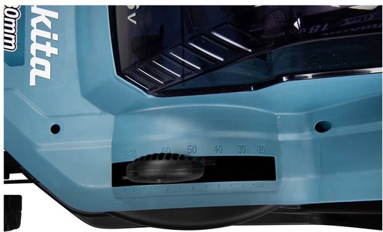Detail van de maaierhoogte-instelling op een turquoise Makita grasmaaier.
