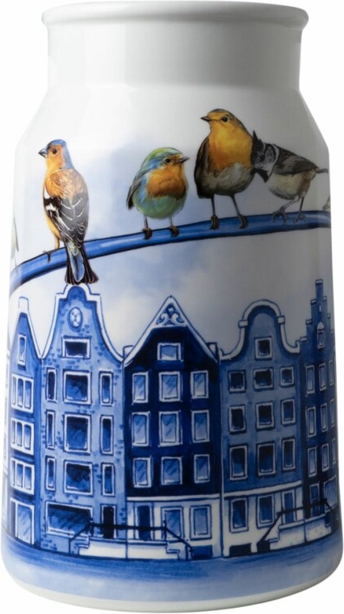 Melkbus - Vaas - Heinen Delfts Blauw - Grachtenpanden - Keramiek - Hoogte 30 cm