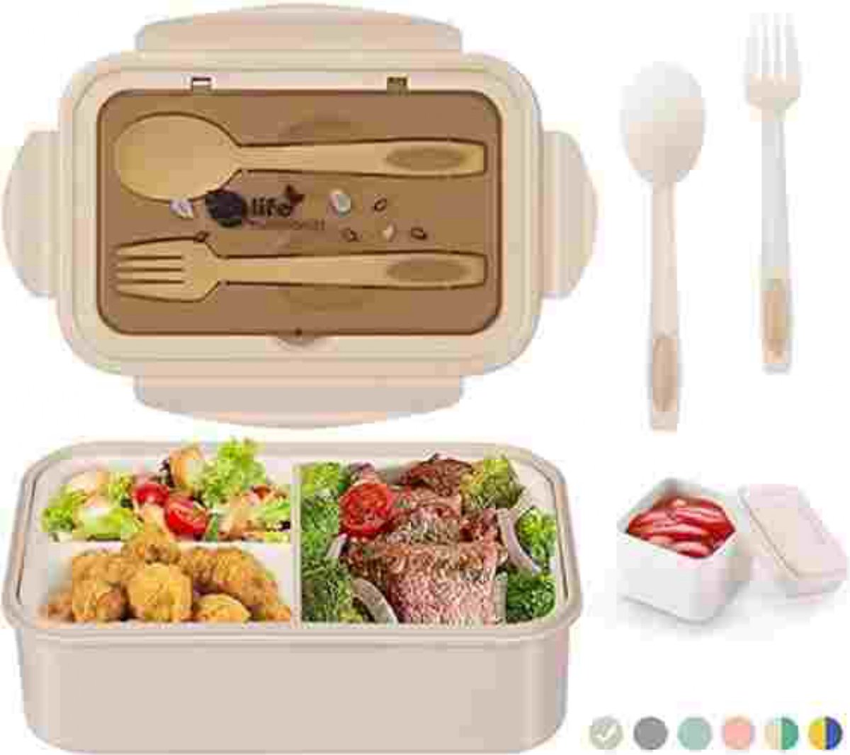 Lunchbox voor volwassenen en kinderen 1400 ml met 3 vakken incl. bestek de snackbox is geschikt voor magnetrons en vaatwassers voor school werk picknick en op reis (kaki)