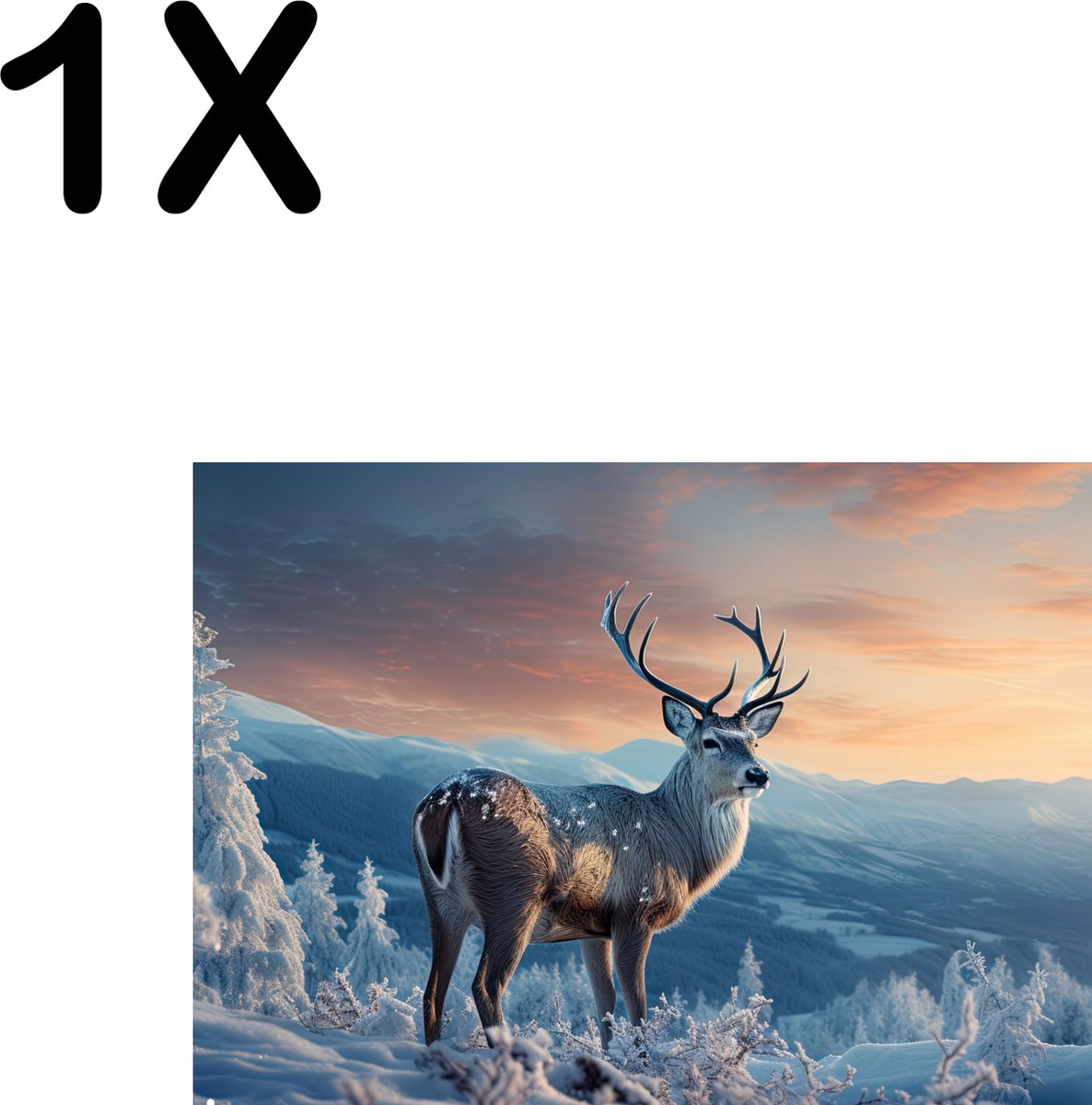 BWK Textiele Placemat - Hert in de Winter op een Berg - Set van 1 Placemats - 35x25 cm - Polyester Stof - Afneembaar