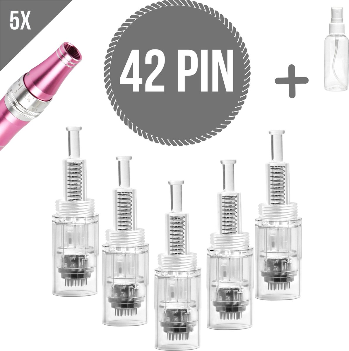 Dermapen naalden 42 pin - Schroefdraadsluiting - Microneedling cartidges - Vervangende naaldkoppen - Opzetstuk dermapen - Anti-aging - Huidverzorging - Geschikt voor dermapen met schroefdraadsluiting - 5 stuks + Sprayflesje 50 ml per bestelling