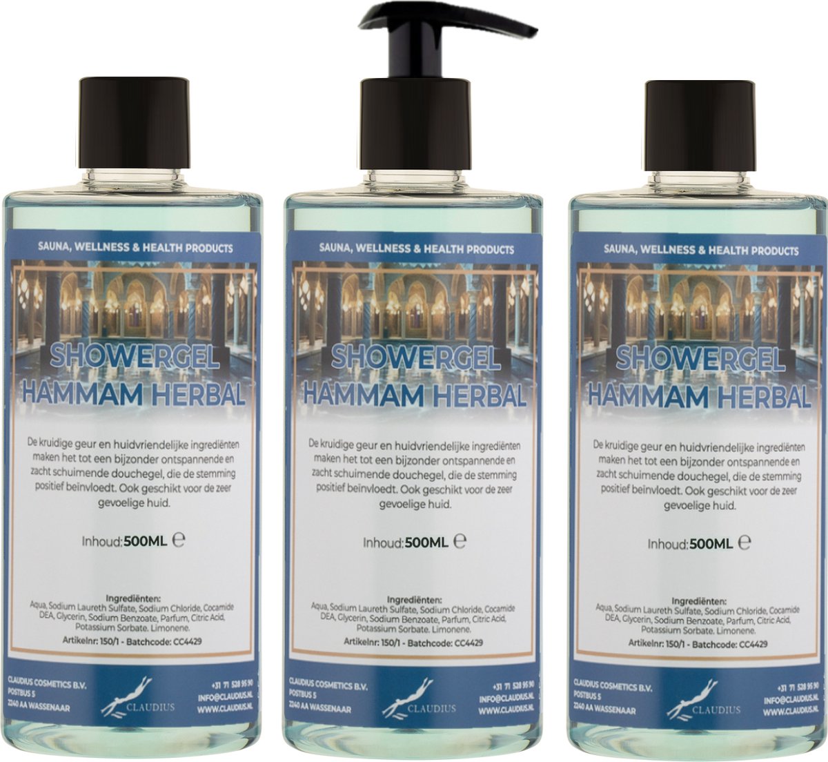 Goedkoopste Douchegel Hammam Herbal 500 ml - set van 3 stuks - met gratis pomp - Showergel