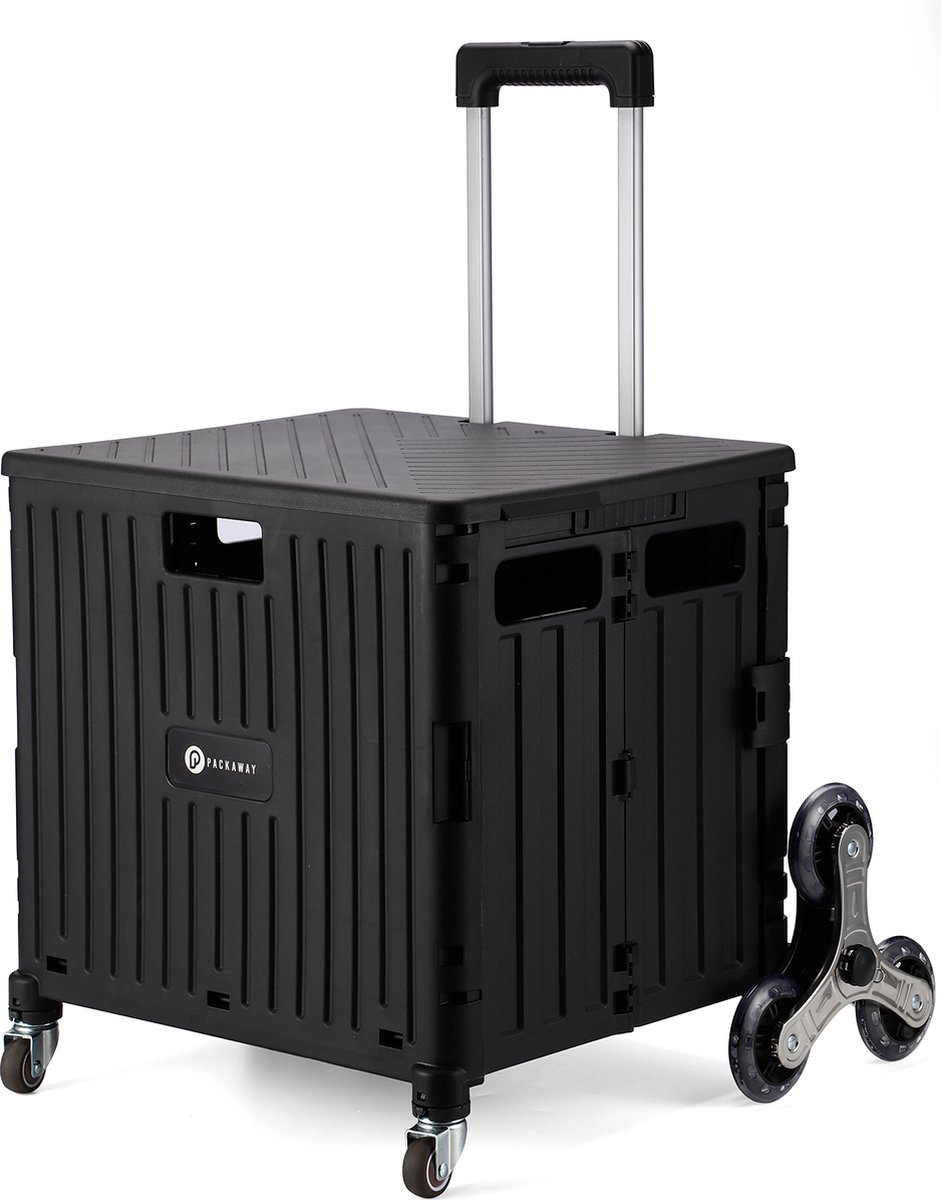Packaway XL Opvouwbare Boodschappentrolley met speciale stoep en trap wielen - Boodschappenkrat - Opbergbox - Boodschappenwagen - Vouwkrat - 50 Liter - Zwart