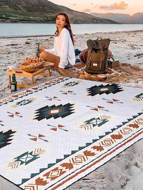 Foto: Zylaro picknickdeken 200x200cm dubbelzijdig waterdicht geschikt voor wasmachine draagbare stranddeken zandvrij voor camping park tuin strand picknick wandelen barbecue new santorini patroon