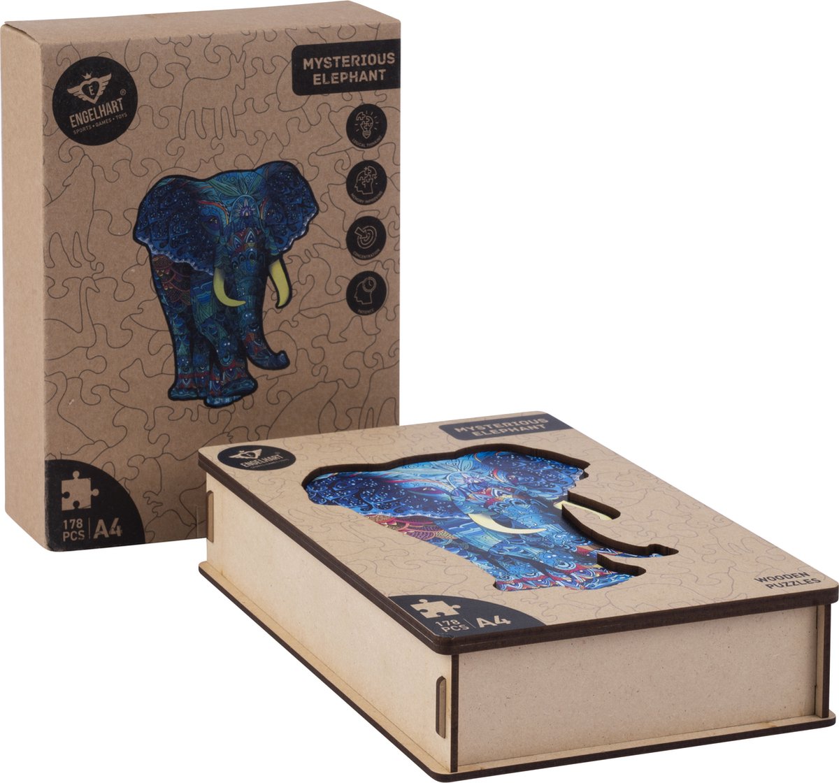 Houten Puzzel Olifant – 178 Unieke Puzzelstukjes – A4 Formaat Houten Legpuzzel – Dieren Puzzelspel – Uitdagend Denkspel – Inclusief Opbergetui – Engelhart — afbeelding 9
