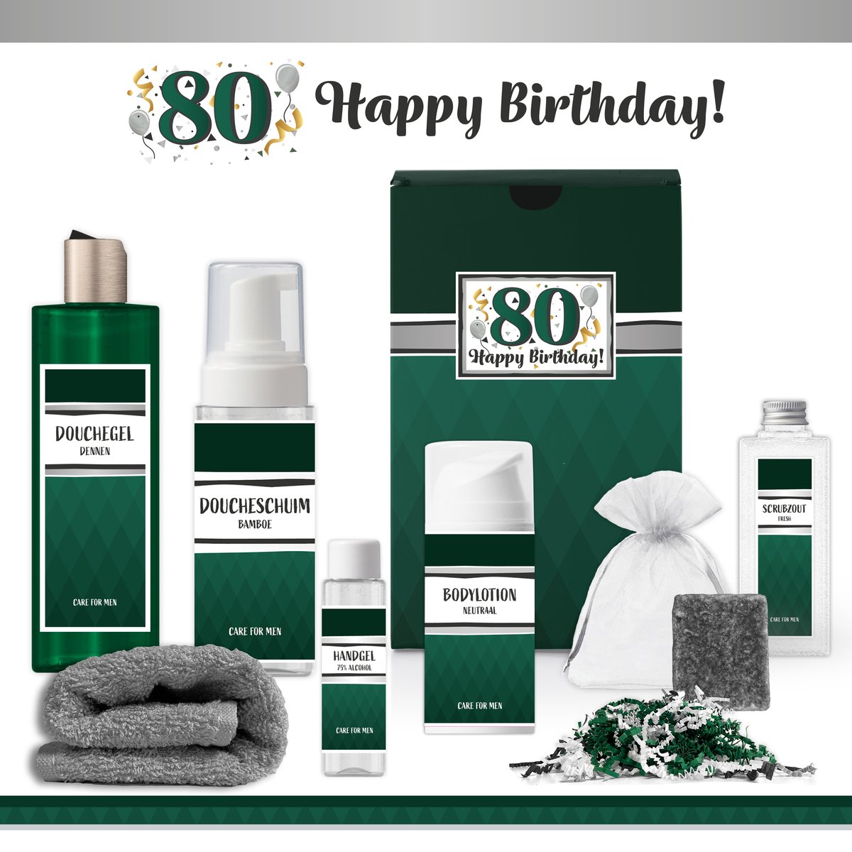 Goedkoopste Geschenkset “80 Jaar Happy Birthday!” - 7 producten - 850 gram | Giftset voor hem - Luxe wellness douche cadeaubox - Cadeau man Verjaardag - Gefeliciteerd Tachtig jaar Feestje - Gift Set Opa - Cadeaupakket Verjaardagsfeestje - Verjaardagscadeau Groen