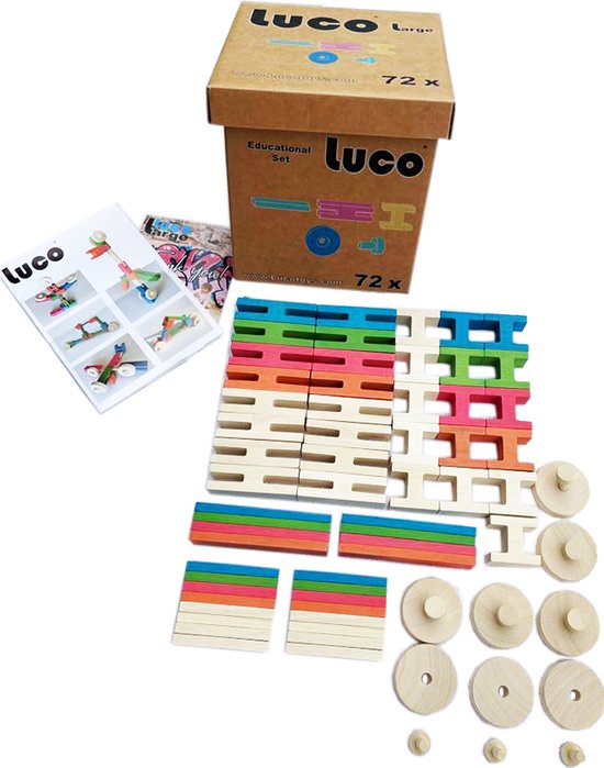 Luco Large ECO Blokken en plankjes. Met verbindingsstukken en wielen, past op KAPLA, Bblocks. Duurzame constructieset hout. 72 elementen. bouwset , bouwblokken kleur bouwspeelgoed