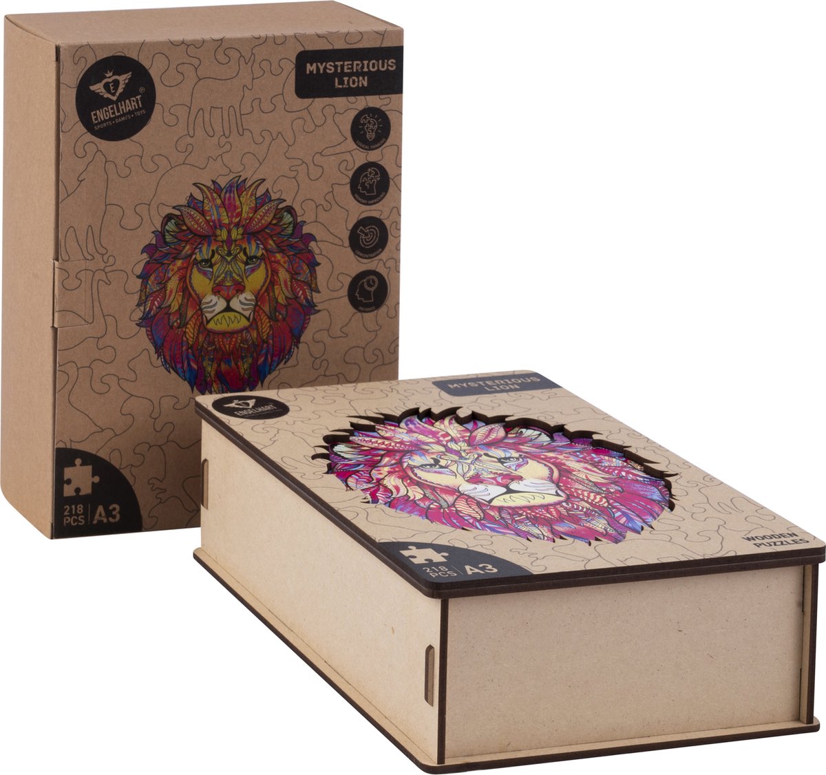 Houten Puzzel Leeuw – 218 Unieke Puzzelstukjes – A3 Formaat Grote Houten Legpuzzel – Dieren Puzzelspel – Uitdagend Denkspel – Inclusief Opbergetui – Engelhart — afbeelding 9