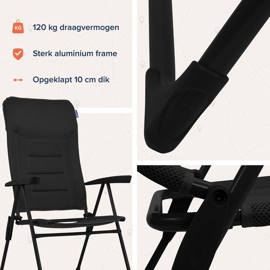 Gedetailleerde opnamen van een zwarte opvouwbare campingstoel, inclusief afmetingen en frame.