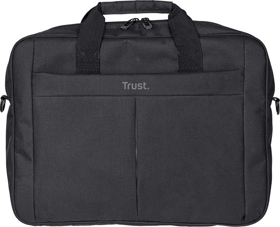 Zwarte laptoptas met twee handvatten en voorvakken, met het Trust logo.