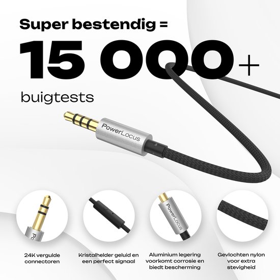 Zwarte gevlochten audiokabel met 24K vergulde connectoren en aluminium behuizing. 15.000+ buigtesten.